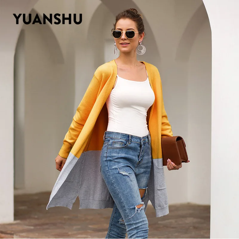 Yuanshu 2019 модный многоцветный вязаный кардиган женский осенний Повседневный открытый передний свитер длинный плюс размер верхняя одежда