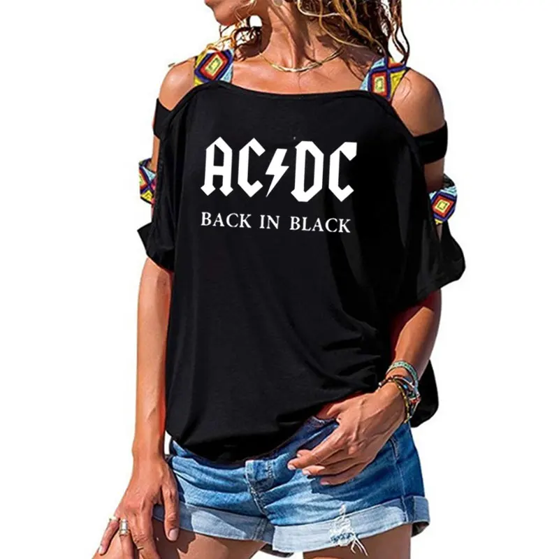 Группа ACDC футболка в стиле рок женские ACDC с буквенным принтом футболки хип-хоп рэп музыка короткий рукав сексуальные открытые плечи топы тройник