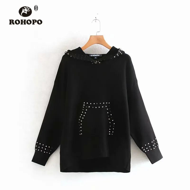 ROHOPO, с капюшоном, с воротником, с заклепками, осенняя женская черная толстовка, пуловер, шикарный, в стиле панк, с длинным рукавом, Джерси, зимние топы, толстовки#9580