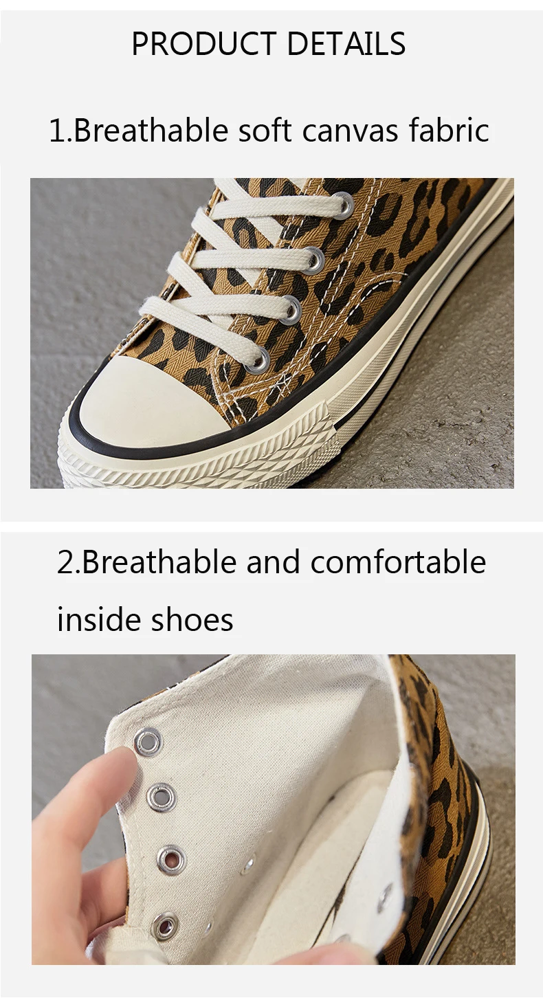 Women's Canvas Shoes Fashion Leopard Print Lace-up Flats Casual Shoes Lady Autumn High-Top Vulcanized Shoe Non-Slip Sneakers