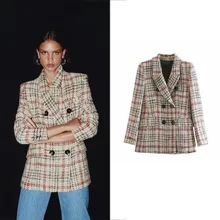 

2021 Tweed Plaid Blazer Suit Fashion Contrast Colors Mid Length Coats Women Casual Simple Office Blazer Casual Commute Clothing