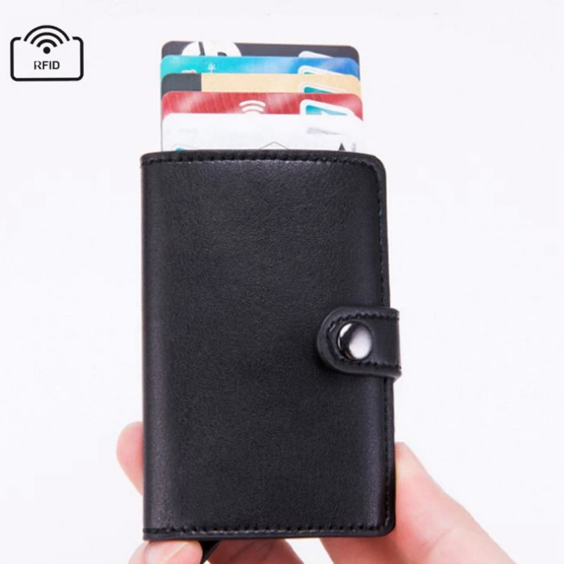 Автоматический мини-кошелек RFID из искусственной кожи, держатели для кредитных карт, алюминиевый сплав, противокражный чехол для ID карт