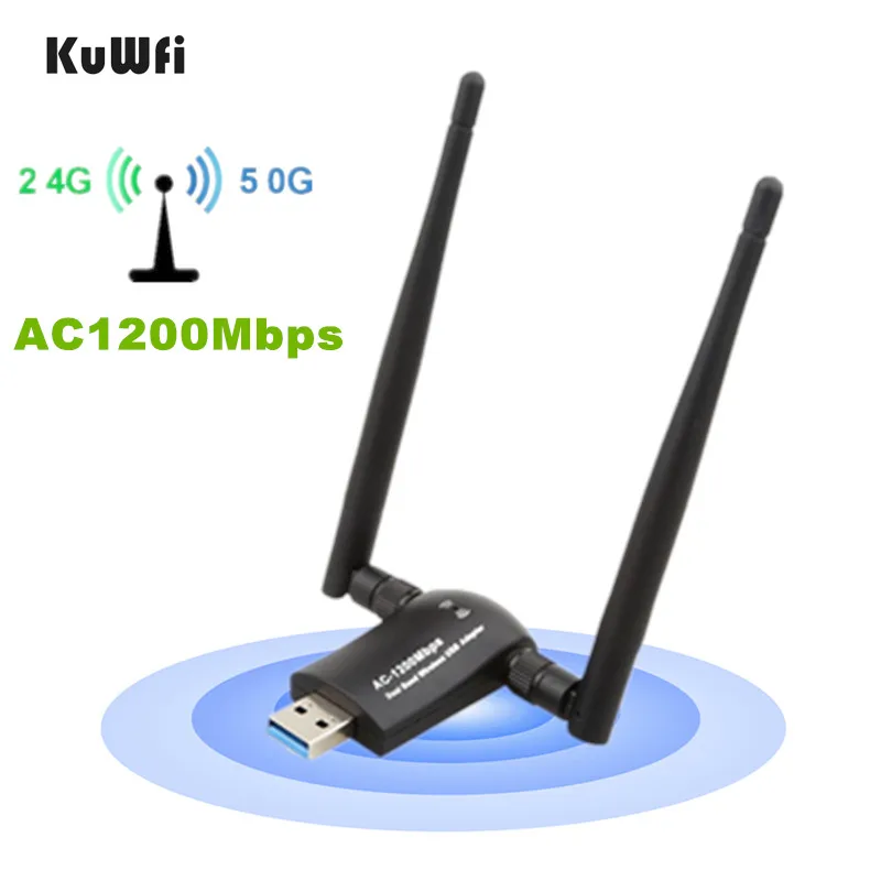 KuWFi 1200 Мбит/с USB3.0 беспроводной адаптер Wi-Fi сеть WiFi ключ с высоким коэффициентом усиления двойные антенны для настольного ноутбука Dual Band 2,4G/5
