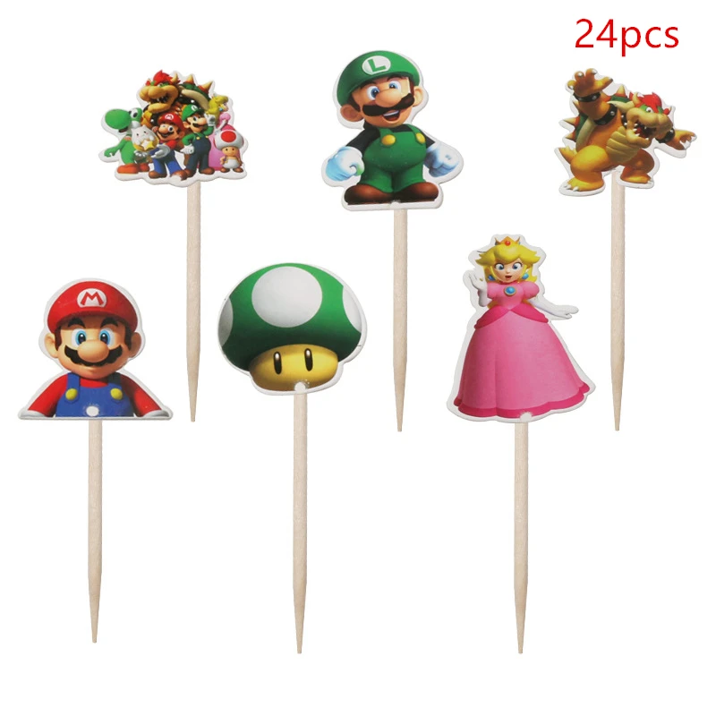 1 Набор, бумажный флаг Super Mario Bros, Вымпел, баннер с днем рождения, украшение для вечеринки, флаги для детей, подарок на вечеринку - Цвет: Cupcake Topper 24pcs