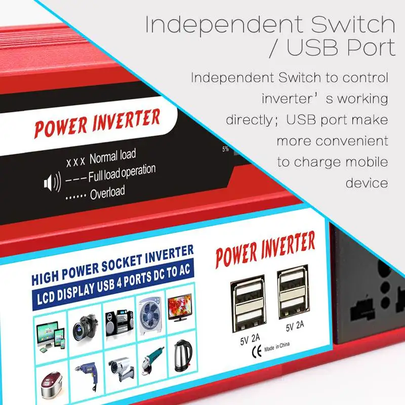  Eficiente 4 USB 6000W DC12/24 V a AC220V pantalla LCD coche inversor cargador convertidor adaptador