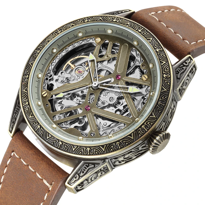 2021 New Luxury Automatic Skeleton Mechanical Watch Business Men Luminous Hands Brown Leather Band Self-Wind Relogio Masculino