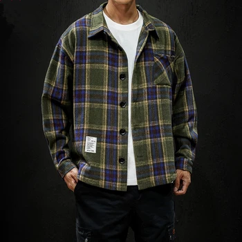

Plaid Long Sleeve Flannel Men Shirts Casual Japanese Army Mens Clothing Plus Size 5XL Streetwear Autumn Spring Social Shirts Top