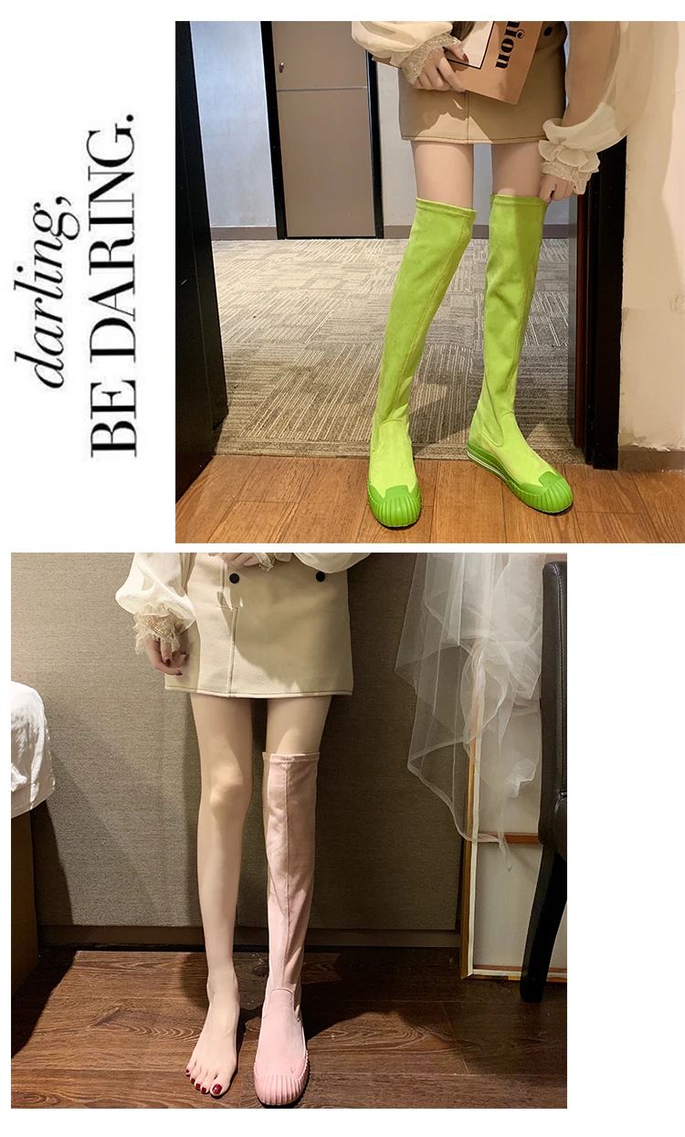Яркие пикантные узкие женские сапоги выше колена из эластичной ткани; женские модные ботфорты из флока; высокие сапоги; Botas Mujer