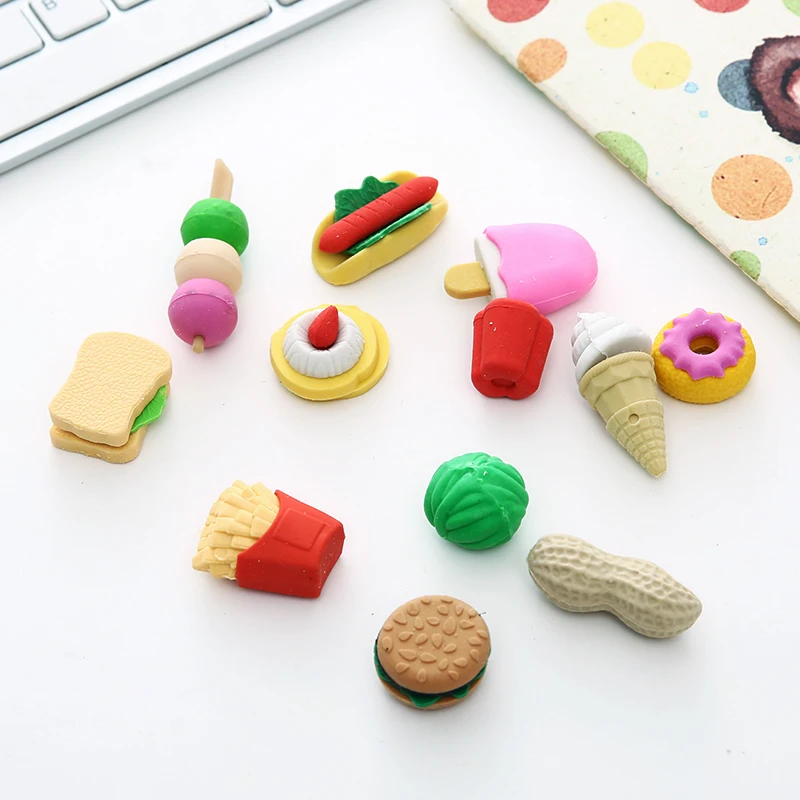 

4pcs Cartoon Animal Pencil Shape Erasers Student Prize Gift Mini Fruit Erasers Lot Food Rubber Stationery Office Supplies