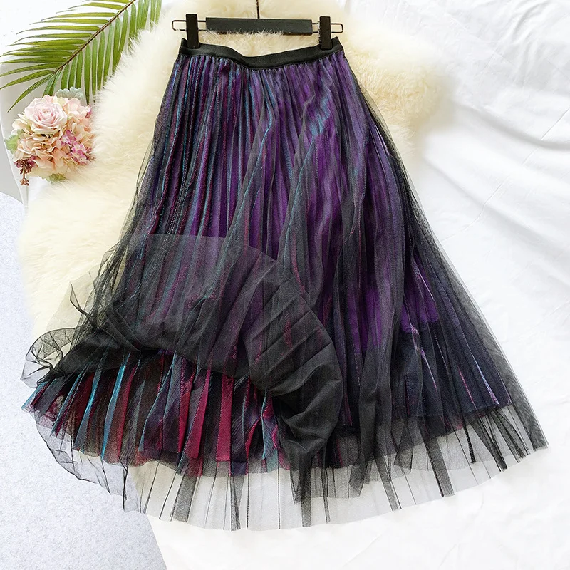 REALEFT Autumn Mesh Bling Bling Party Pleated Long Skirts Patchwork Vintage High Waist Harajuku Tulle Skirts New Purple