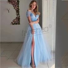 

Fanshao Evening Dress Sky Blue Sexy Spaghetti Strap Short Sleeve A-Line Vestido Appliques Pleat Slit Charming Robe De Soiree