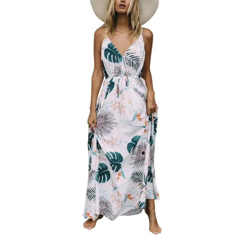 Vestidos женское летнее платье, Новое Стильное повседневное пляжное длинное стильное платье без рукавов с принтом листьев, женское платье
