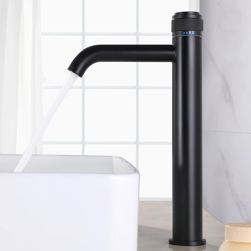

Basin Faucets Matte Black Push Button Design Knurling Handle Bathroom Washbasin Taps Tall Basin Sink Mixer Tap Deck Mounted
