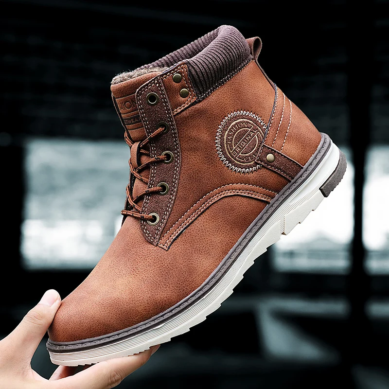 

New Leather Boots Men's Winter Leather Shoes Warm Snow Boots Winter high state cotton shoes %9712 Male Ankle Boots 35-46