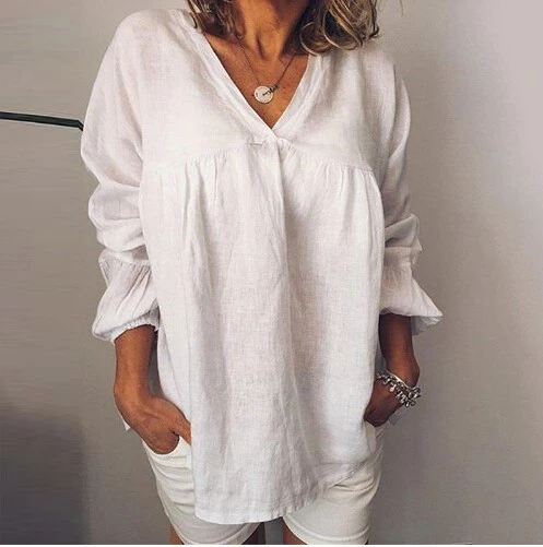 

Women Blouses 2019 Fashion Puff Long Sleeve Top Shirt Solid Elegant White Office Lady Shirt V-Neck Loose Chemise Femme 822