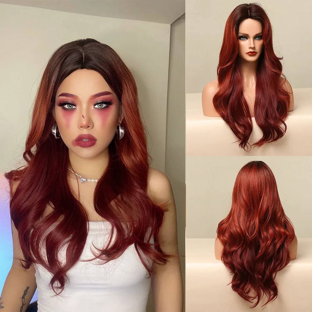 HENRY MARGU Dark Brown Wave Wigs Long Synthetic Wavy Natural Hair Temperature Wigs For Black/White Women Daily Cosplay Wigs