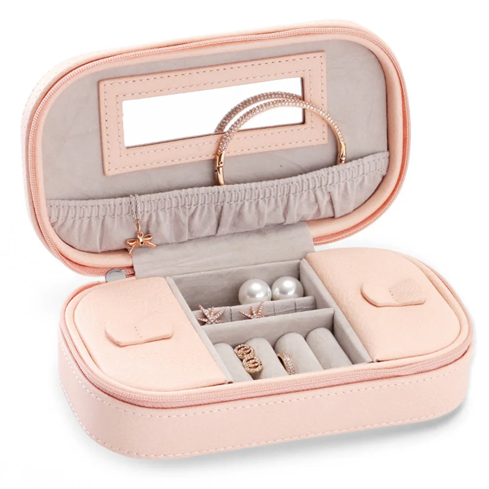 Display PU Leather Earrings Rectangle Solid Gift Travel Organizer Zipper Mirror Tassels Portable Storage Jewelry Box Case Simple - Цвет: Light Orange