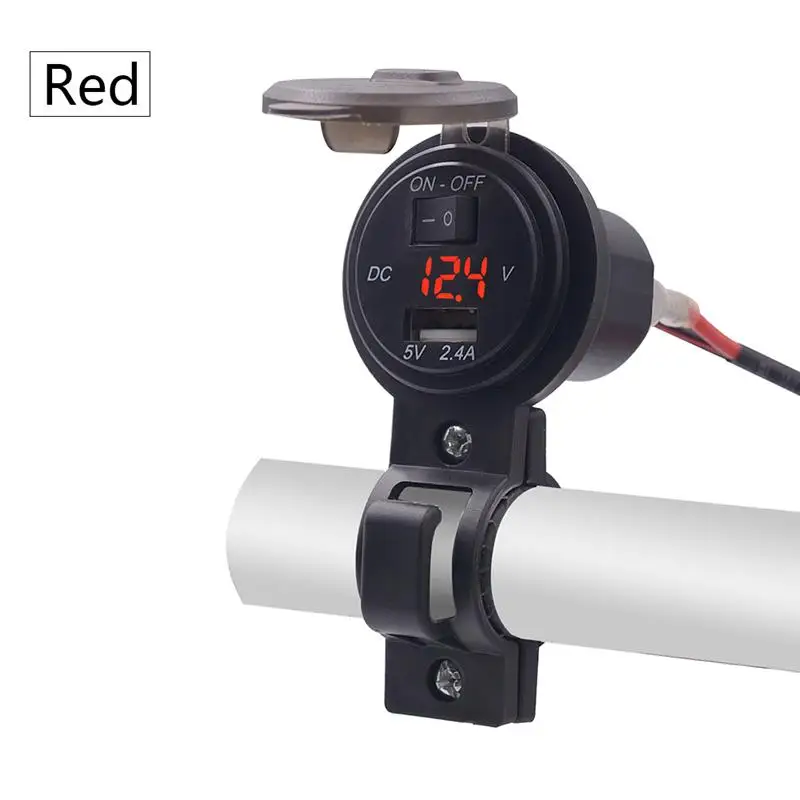 Мотоцикл USB Мощность 5 V/2.4A розетка адаптер AC/DC 12 V-24 V Водонепроницаемый Moto Зарядное устройство штекер вольтметр крепление на руль велосипеда(розетка с выключателем - Цвет: Red