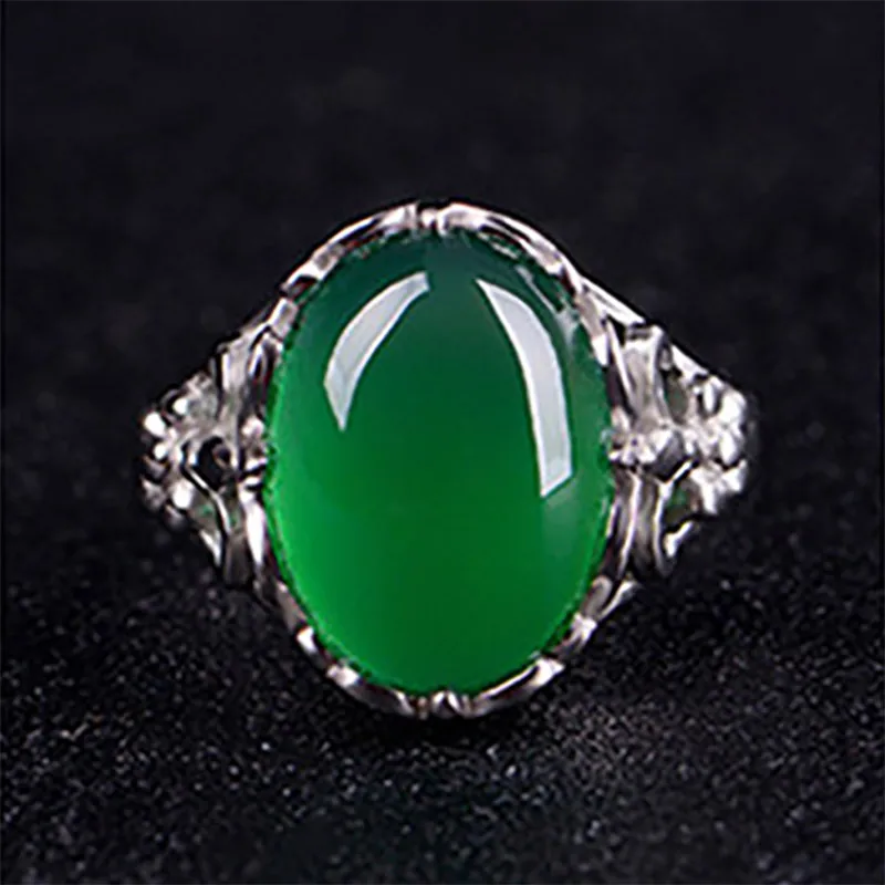 Cellacity Classic Fine Jewelry with Gemstones Silver 925 Ring for Women 15*12mm Green Chalcedony Opening adjustable Female Gift