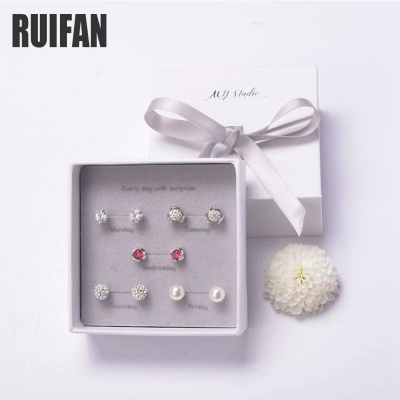 

Ruifan One Week 5 pairs/set Small Stud Earrings Set with Box Women's 925 Sterling Silver Earrings with Stone Jewelry YJS004
