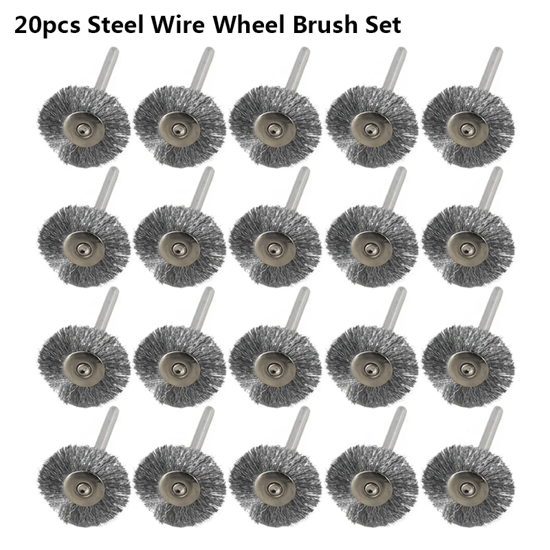 20pcs Steel CMCP 20 шт 22 мм стальной проволоки колеса кисти набор для полировки металла 3,0 мм хвостовик роторная кисть, дремель роторный инструмент - Цвет: 20pcs Steel