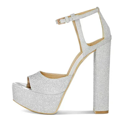 

Summer Large size Euro45 46 silver Glitter ankle buckle sandals waterproof platform thick super high-heeled party shoes women