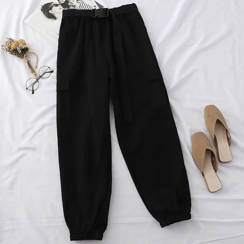 black pants Neploe Harajuku уличные брюки карго Женские повседневные джоггеры спортивные штаны с высокой талией свободные женские брюки корейский пояс - Color: black pants
