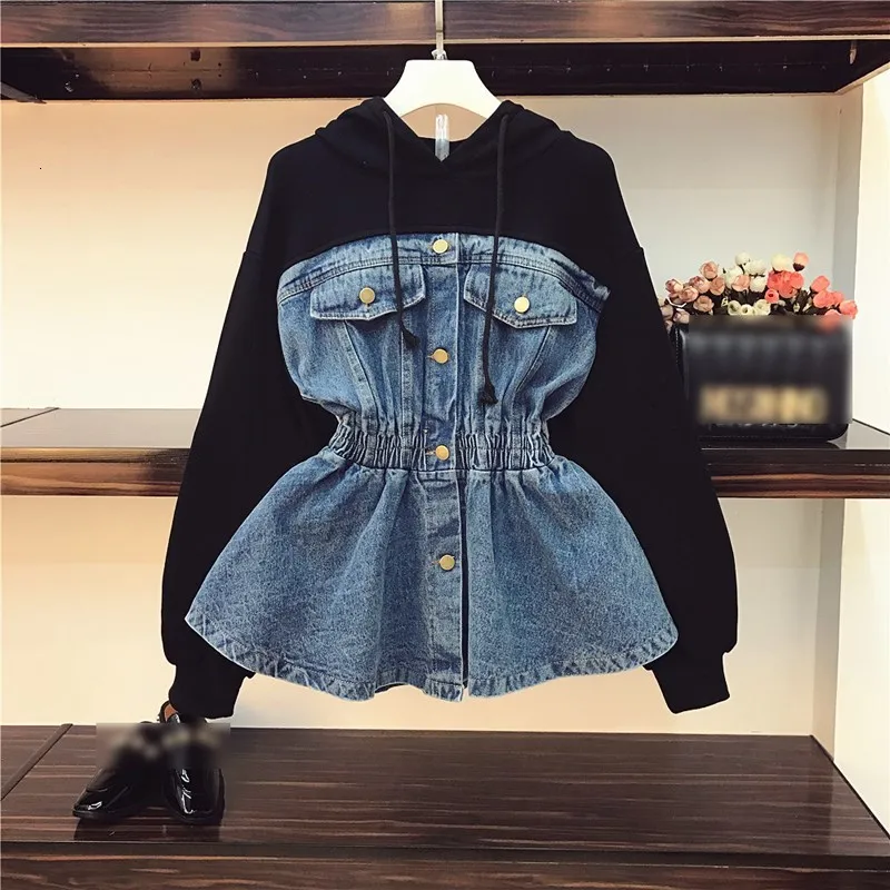 4Xl 2019 новая весенняя женская стеганая с капюшоном джинсовые худи Студенческая Толстовка Оверсайз на замке джинсовые толстовки оверсайз