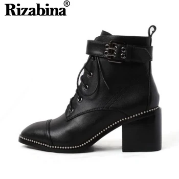 

RizaBina Women Ankle Boots Fashion Buckle Circled Beads Shoes Women Buckle Zipper Warm Fur Thick Heels Footwear Size 33-40