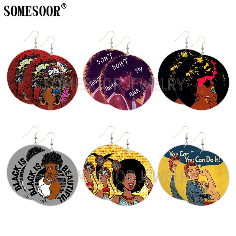 

SOMESOOR Afro Diva Dope Natural Hair Wooden Drop Earrings Black Is Beautiful Powerful Strength Pattern Ear Loops For Women Gifts