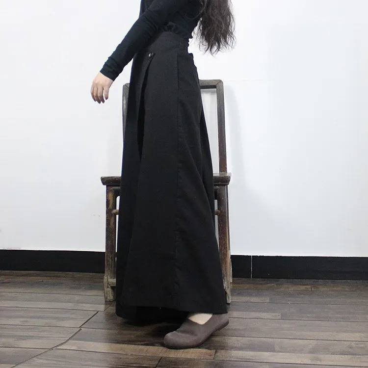Fashion One Button Back Elastic Waist Wide Leg Pant Women Loose Asymmetric Pants Large Flare Hem Casual Trousers