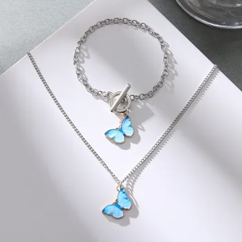 Korean Blue Gradient Butterfly Necklace for Women Girls Silver Color Pearl Butterflies Pendant Choker Necklaces Jewelry Gifts