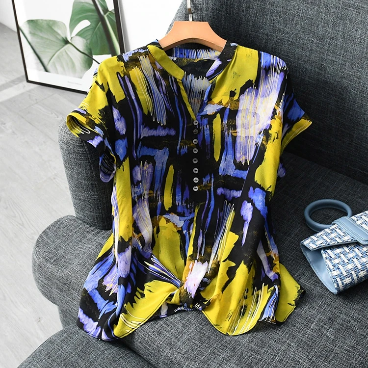 Винтажная Женская шелковая блузка с цветочным принтом, натуральный шелк, топы и блузки, женские элегантные шелковые блузы с v-образным вырезом и коротким рукавом - Цвет: Бежевый