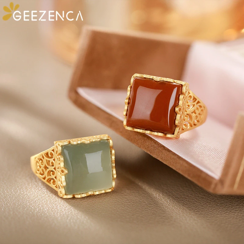 925 Sterling Silver Gold-plated Gemstones Ring Hetian Jade Agate Geometric Square Open Ring Fine Jewelry Women Vintage Trendy 925 Sterling Silver Gold-plated Gemstones Ring Hetian Jade Agate Geometric Square Open Ring Fine Jewelry Women Vintage Trendy