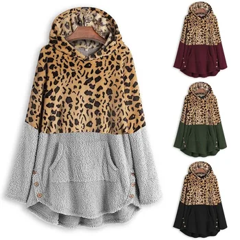 

Vicabo 2019 Winter Furry Loose Tops Leopard Printed Patchwork Hoodie Women Plush Size Fashion Velvet Warm Coat