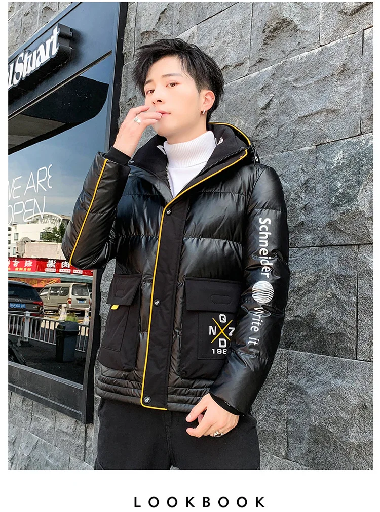 Winter New Style Men Bright Surface Cotton-padded Clothes Men'S Wear Teenager Trend Cool Mixed Colors Hooded Cotton Coat Student