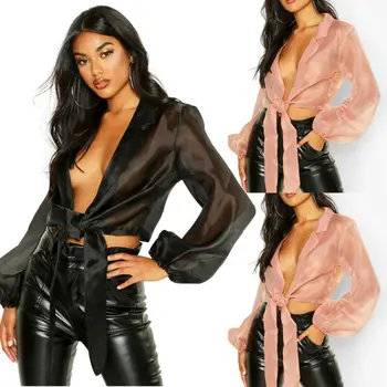 

Women Sheer Mesh Club Top Long Sleeve Blouse See-through Vintage Shirt