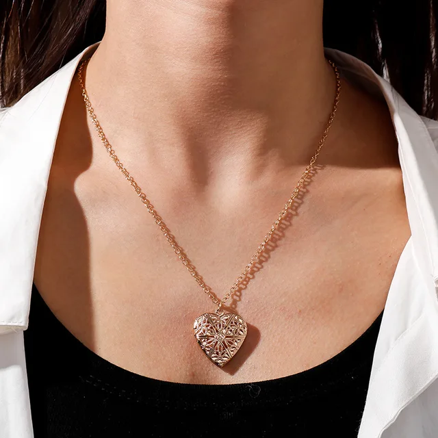 Collar de cadena de amor con corazón de melocotón dulce para mujer, Collar con colgante de caja de fotos en forma de corazón con apertura y cierre grabado hueco 6