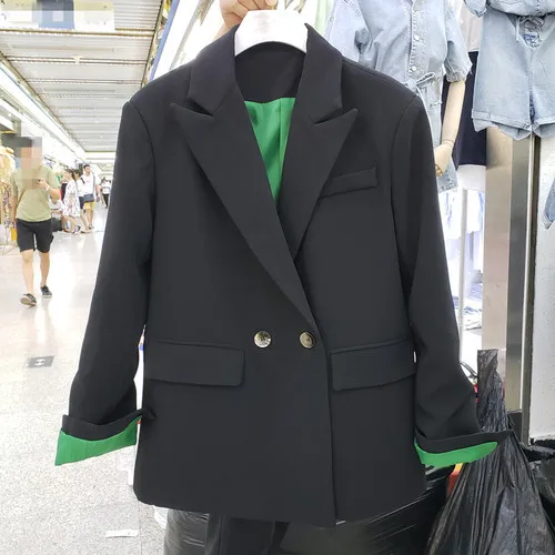 Корейская Ulzzang Новая Осенняя Женская контрастная черная костюмная куртка женская шикарная двубортное пальто костюм женские пальто Верхняя одежда - Цвет: Черный