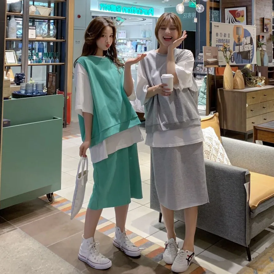 

Photo Shoot Korean-Style INS Gray Knitted Sleeveless Vest Loose-Fit Skirt BF Laziness Casual Sweatshirt Two-Piece Women's