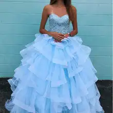 Роскошные небесно-голубые Бальные платья бальные платья Милая расшитая бисером Стразы Корсетная ярусная юбка Милая 16 вечерние платья для выпускного вечера