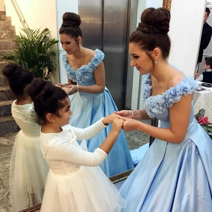 Light Blue Satin Off Shoulder Prom Dresses 3D Flowers Sleeveless Formal Evening Party Gown Robe De Soiree