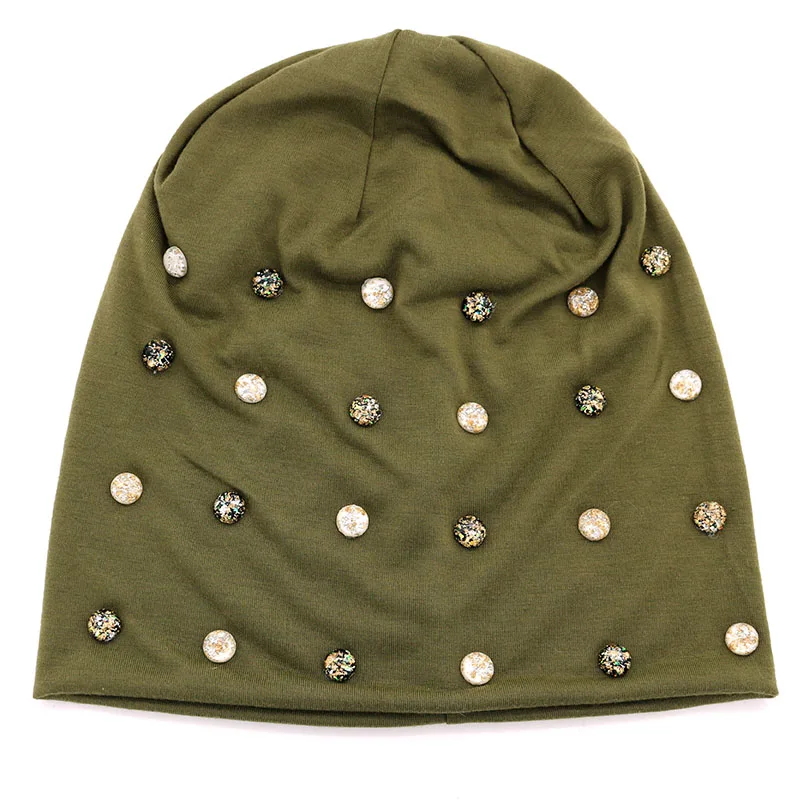 Women Winter Pearls Cotton Beanies Hats For Ladies Black Rhinestones Slouch Skullies Autumn Female Oversize Bonnet | Аксессуары для