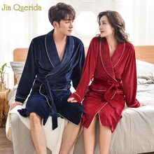 Спальный халат для пар Купить китайский прямой длинный рукав зимний теплый остров бархат супер мягкий твердый роскошный пара кимоно Халат