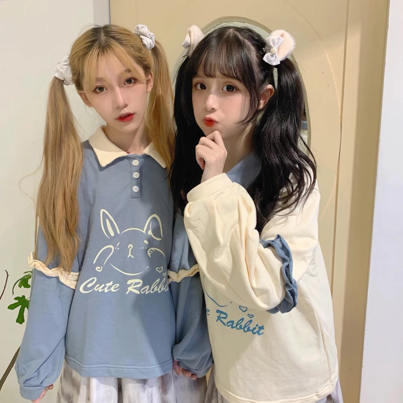 Осенний японский женский Harajuku интересный свитер свободный длинный рукав свитер для девочки милый синий пуловер