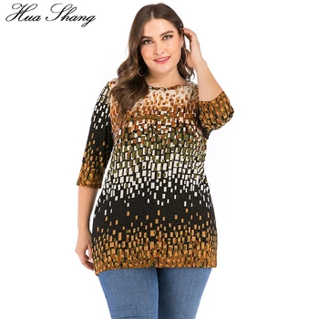 

5XL Plus Size Blouse Women 2019 Autumn O Neck Three Quarter Sleeve Plaid Print Casual Blouse Loose Oversized Ladies Tunic Tops
