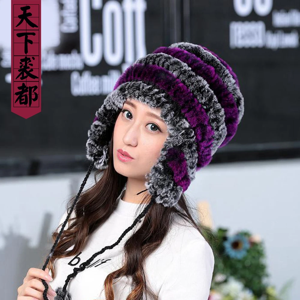 Lady Real Fur Earflap Hats Women Natural Rex Rabbit Fur Beanies Cap Russian Winter Warm Genuine Fur Hat Wholesale