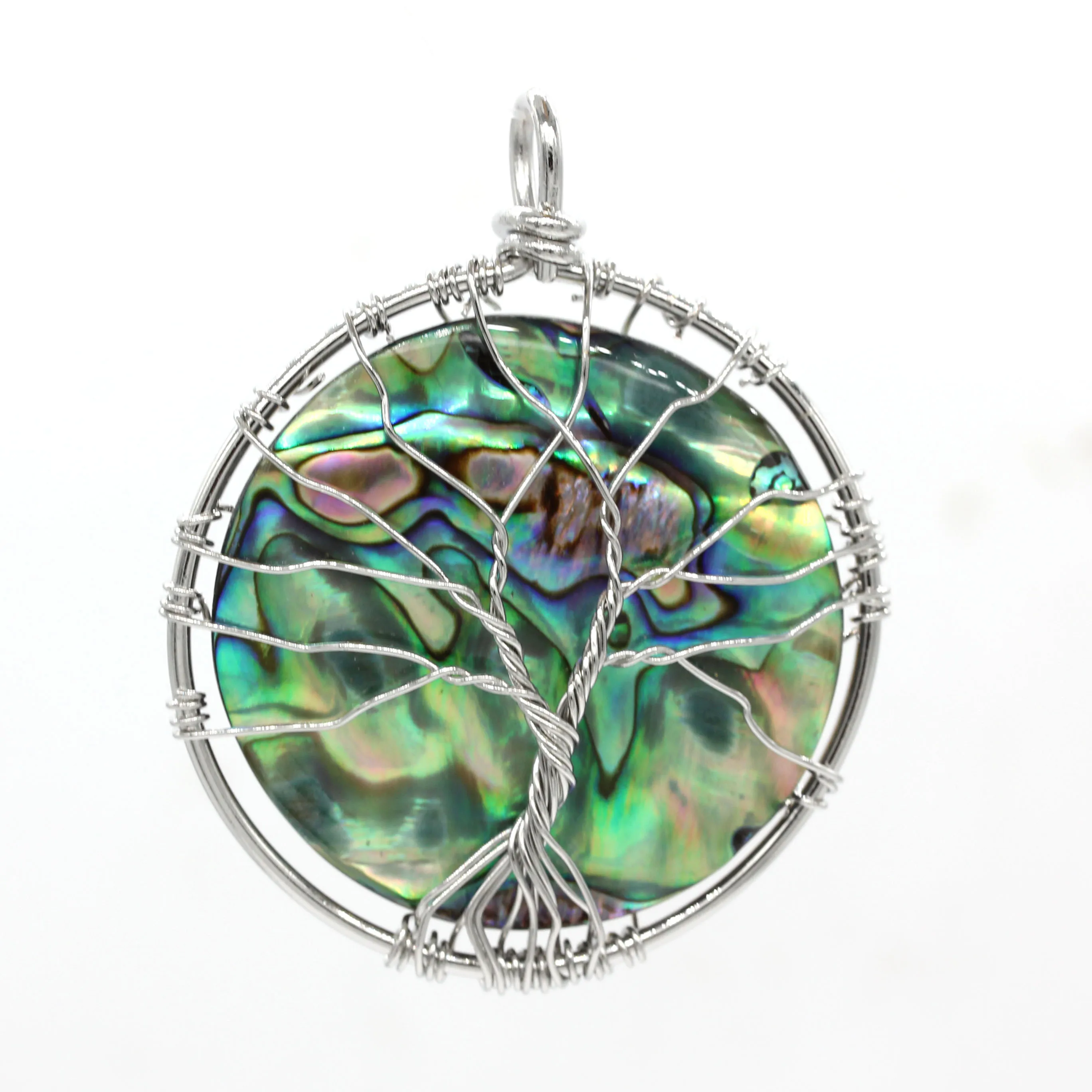 Kraft-beads уникальное серебристое покрытие Wire wrap Древо жизни Abalone Shell круглая форма кулон для рождественских украшений