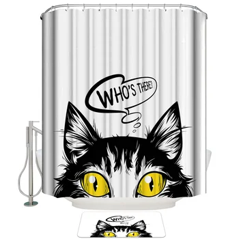 

Animal Cat Peep Who Is There Shower Curtain with Hooks Doormat Bath Floor Mat Waterproof Polyester