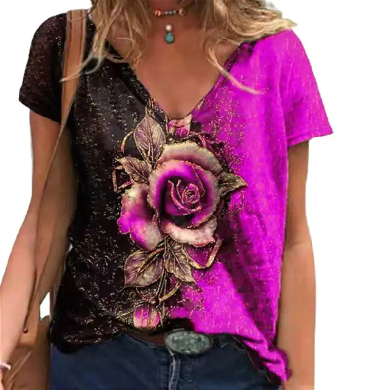 Women T-Shirts Lady Floral Print Short Sleeve Fashion Tee Large Size Loose Summer Tops Female High Street V-Neck T-Shirt 5XL Top off white t shirt